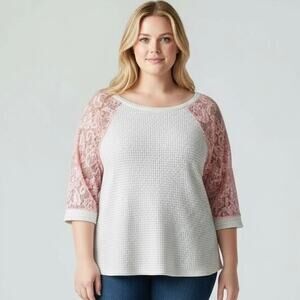 Lovely J Women's Lace Sleeve Top Large White Pink Waffle Knit Casual